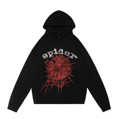 sp5der Red Rhinestone Spiderweb Logo Pullover Hoodie Black