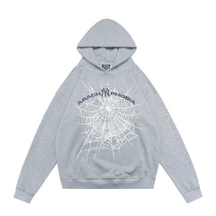 sp5der Arachophobia NY Logo Spiderweb Star‑Sleeve Pullover Hoodie Heather Grey
