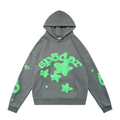 sp5der 3D Star Logo Pullover Hoodie Dark Grey Neon Green