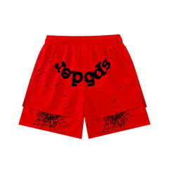 sp5der Rep Gods Star Spiderweb Double‑Layer Athletic Shorts Red