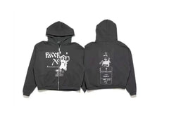 Enfants Riches Déprimés "Freres" Gothic Text & Photo Zip-Up Hoodie - Washed Black