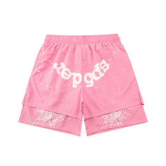 sp5der Rep Gods Star Spiderweb Double‑Layer Athletic Shorts Pink
