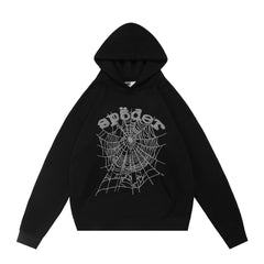 sp5der Grey Logo Grey Spiderweb Pullover Hoodie Black