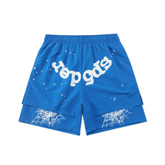 sp5der Rep Gods Star Spiderweb Double‑Layer Athletic Shorts Royal Blue
