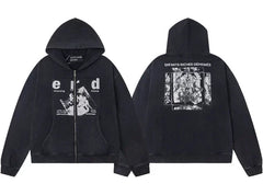 Enfants Riches Déprimés "e-r-d" Logo & Box Print Zip-Up Hoodie - Washed Black