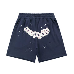 sp5der Rep Gods Star‑Speckled Raw‑Edge Sweat Shorts Navy Blue
