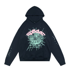 sp5der Pink Logo Mint Spiderweb Dual Star‑Sleeve Pullover Hoodie Navy