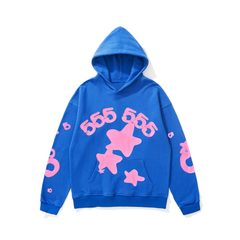 sp5der 555 Pink Star Number Print Pullover Hoodie Bright Blue