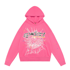 sp5der Bright Pink Spiderweb Slogan Star Accent Pullover Hoodie
