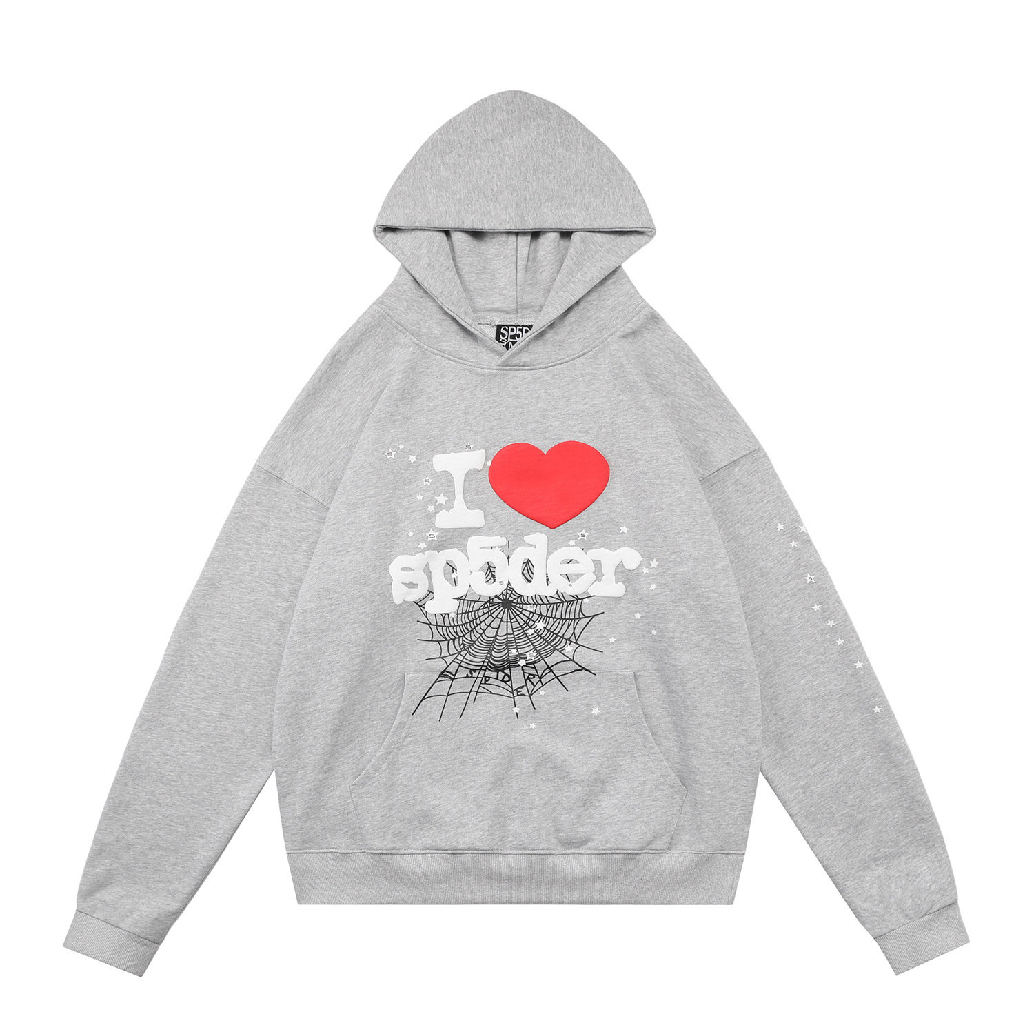 sp5der I Love sp5der Heart Spiderweb Star Sleeve Pullover Hoodie Heather Grey
