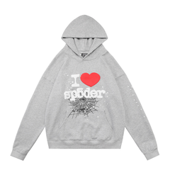 sp5der I Love sp5der Heart Spiderweb Star Sleeve Pullover Hoodie Heather Grey