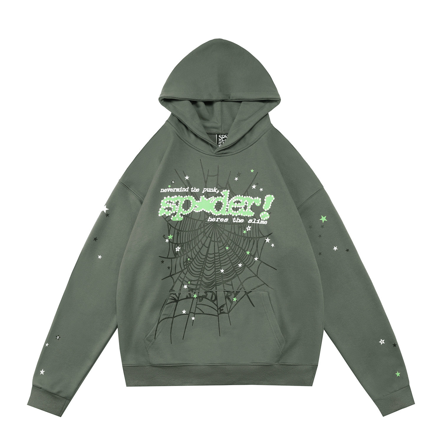 sp5der Punk Slogan Spiderweb Star Sleeve Pullover Hoodie Sage Green