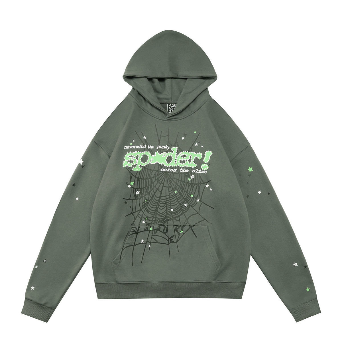 sp5der Punk Slogan Spiderweb Star Sleeve Pullover Hoodie Sage Green