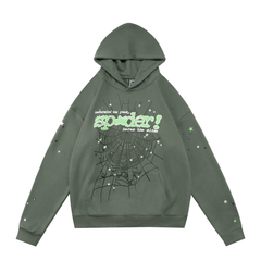 sp5der Punk Slogan Spiderweb Star Sleeve Pullover Hoodie Sage Green