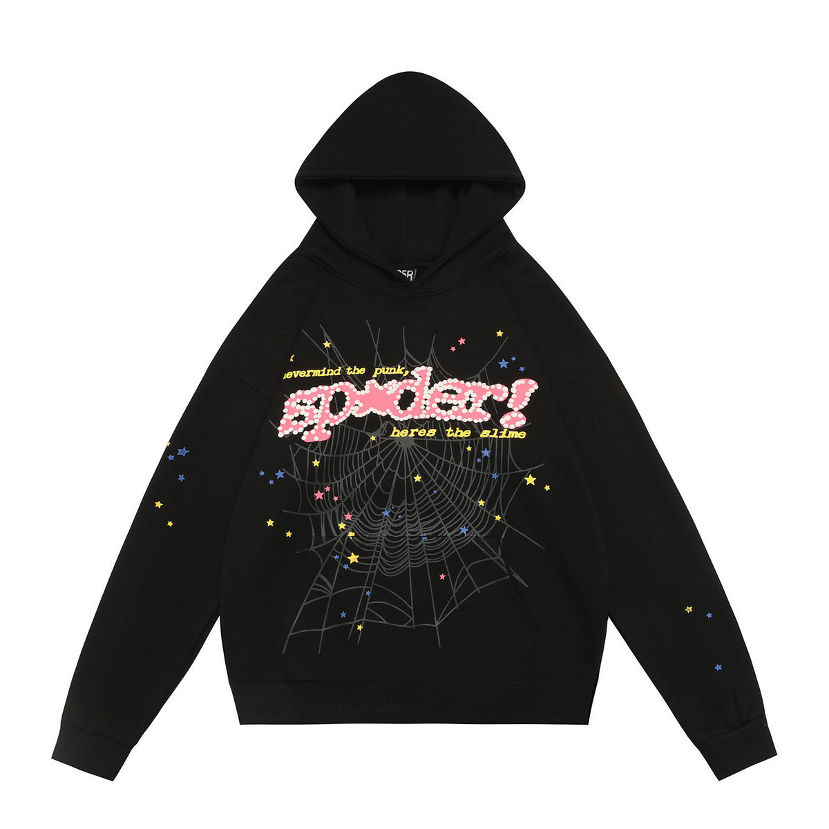 sp5der Beaded‑Style Logo Multicolor Star Graphic Pullover Hoodie Black