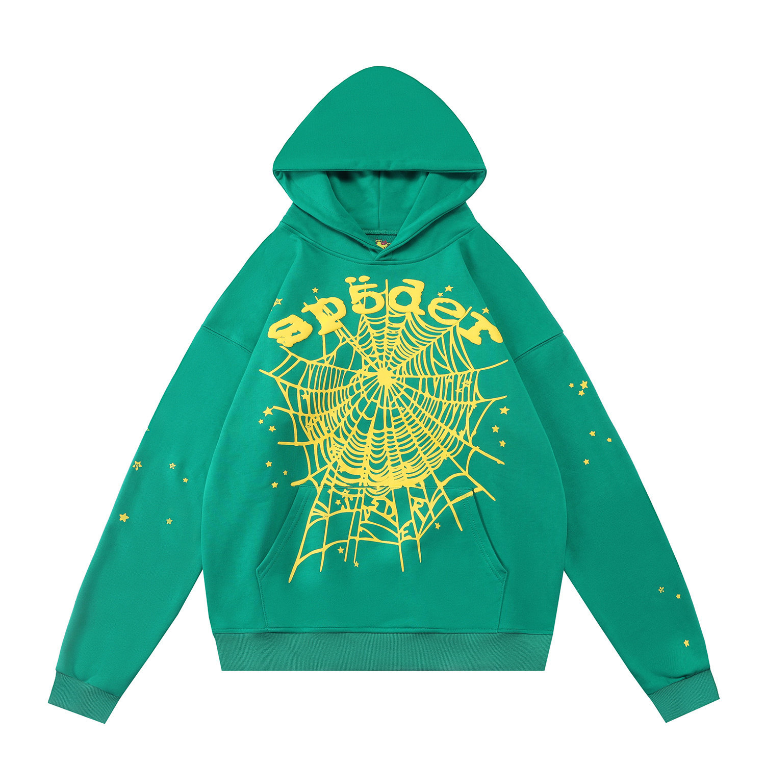 sp5der Yellow Logo Spiderweb Star‑Accent Pullover Hoodie Green