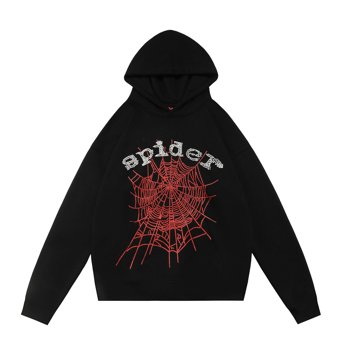 sp5der Red Rhinestone Spiderweb Logo Pullover Hoodie Black