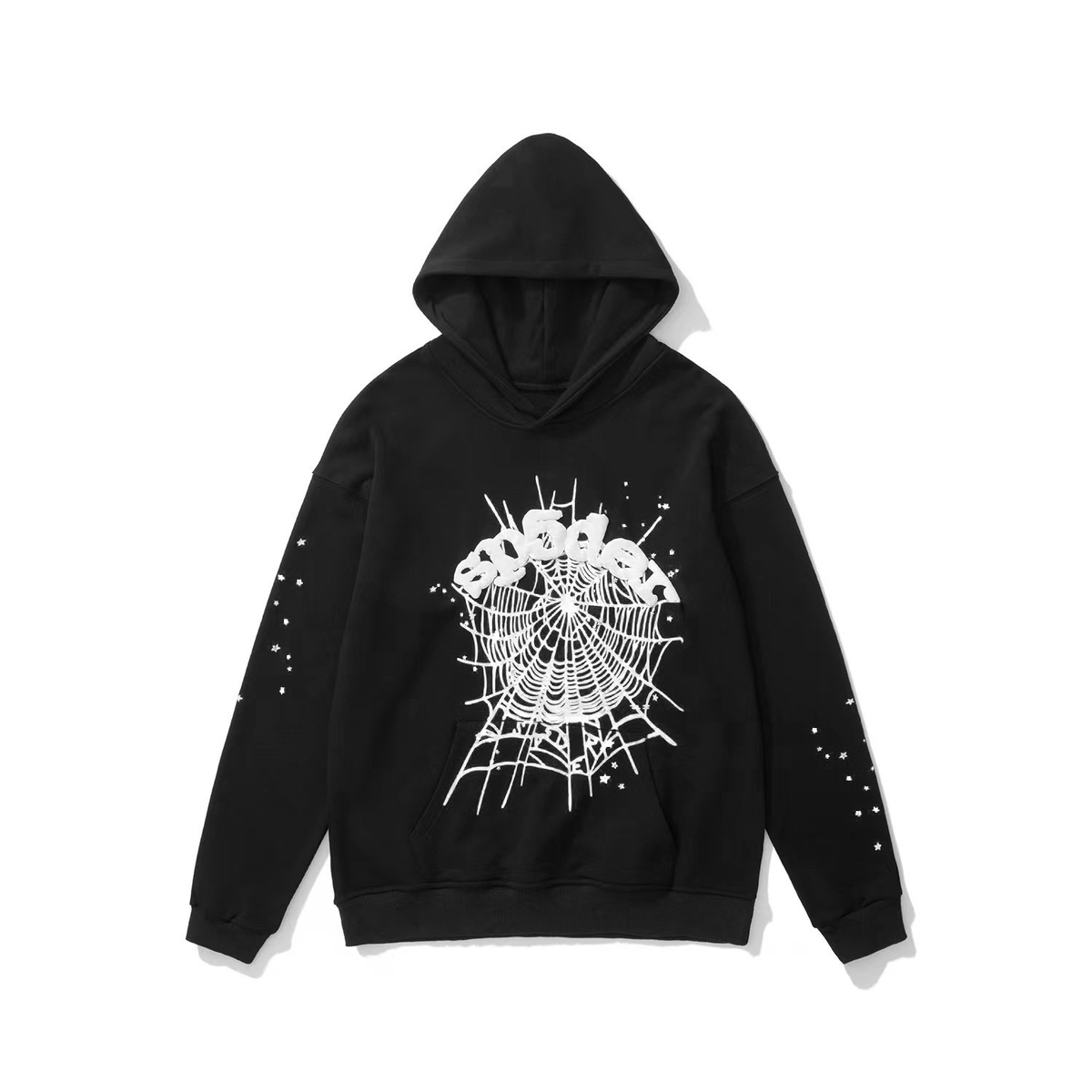 sp5der Spiderweb Logo All‑Over Star Sleeve Pullover Hoodie Black