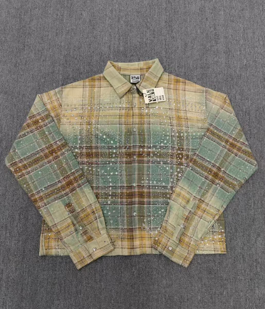Vale Forever Plaid Rhinestone Embellished Vintage Wash Long-Sleeve Button-Up