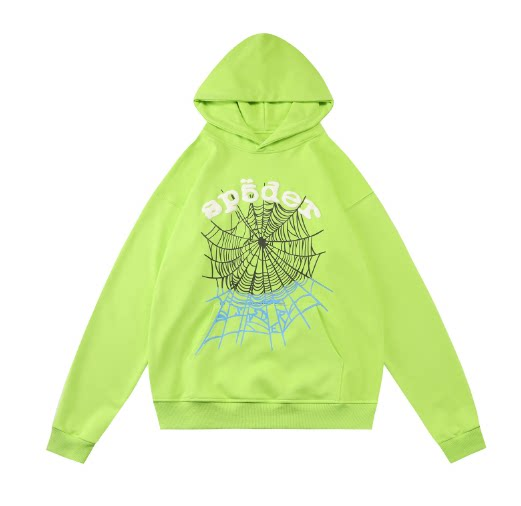 sp5der White Logo Dual‑Tone Spiderweb Pullover Hoodie Neon Lime Green