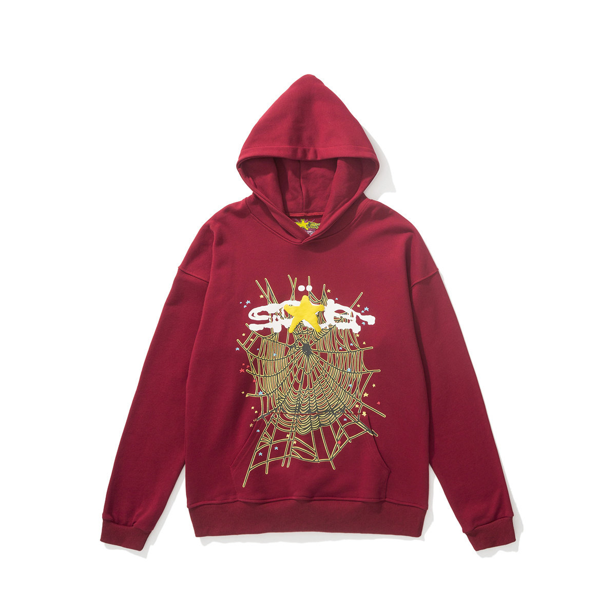 sp5der Golden Spiderweb Yellow Star Graphic Pullover Hoodie Burgundy