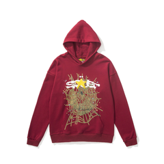 sp5der Golden Spiderweb Yellow Star Graphic Pullover Hoodie Burgundy