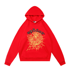 sp5der Black Logo Yellow Spiderweb Pullover Hoodie Bright Red