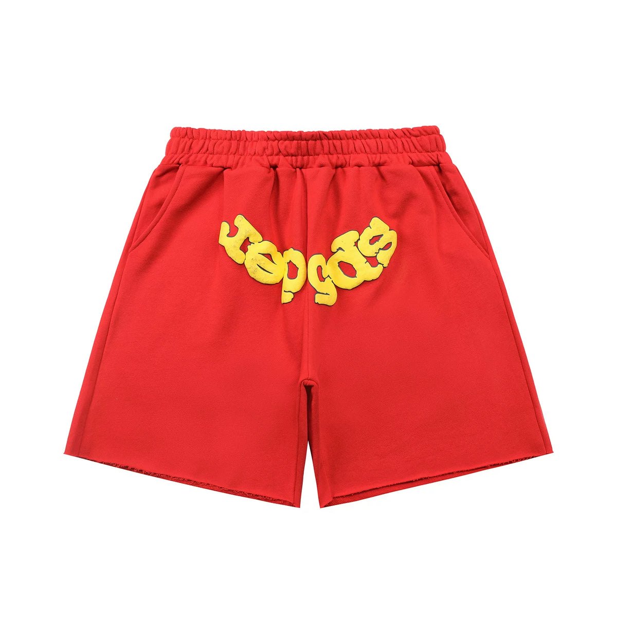 sp5der Rep Gods Contrast Print Raw‑Edge Casual Sweat Shorts Red