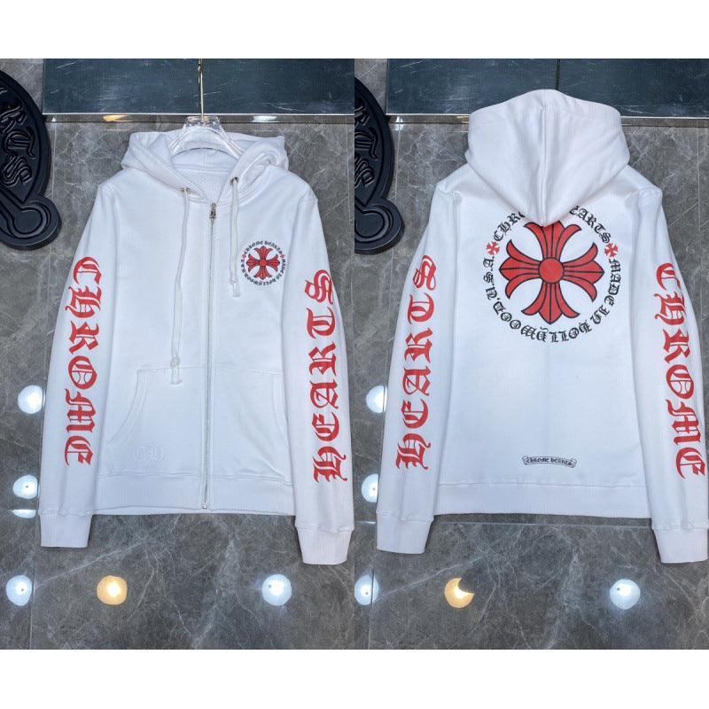 Chrome Hearts Red Scroll & Cross Zip-Up Hoodie (White)