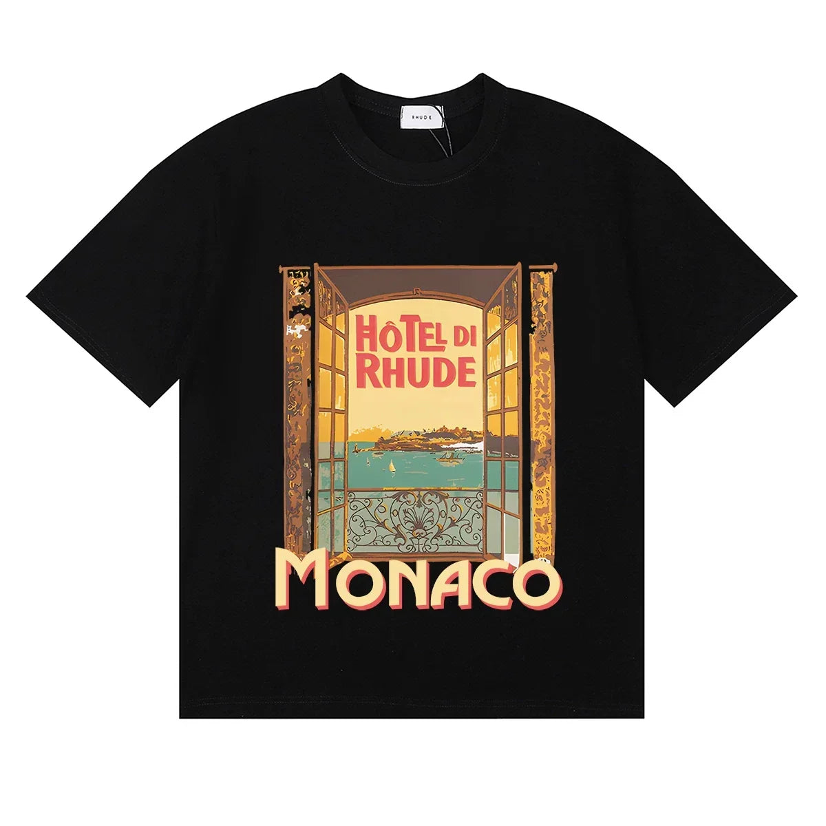 RHUDE "Hotel Di Rhude Monaco" Graphic Print T-Shirt - Black