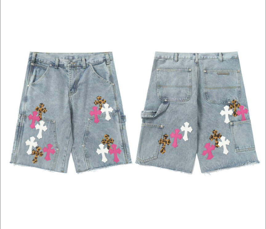 Chrome Hearts Light Blue & Pink-White Leopard Cross Patch Denim Shorts
