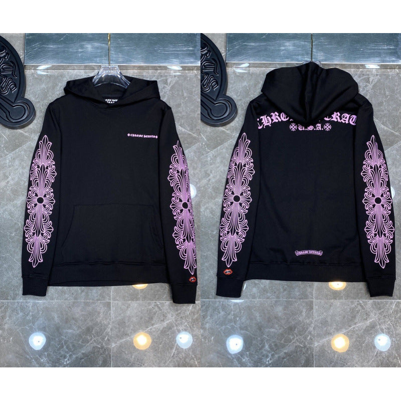 Chrome Hearts Pink Gothic Letter & Floral Cross Hoodie (Black)