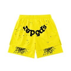 sp5der Rep Gods Star Spiderweb Double‑Layer Athletic Shorts Bright Yellow