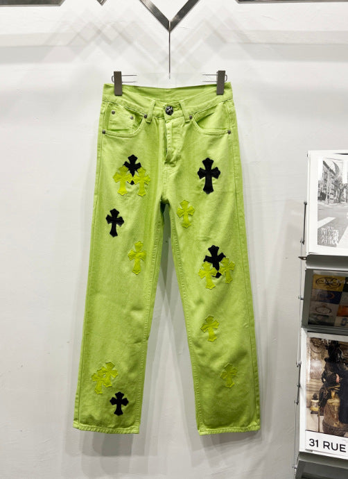 Chrome Hearts Lime Green Cross Patch Denim Jeans