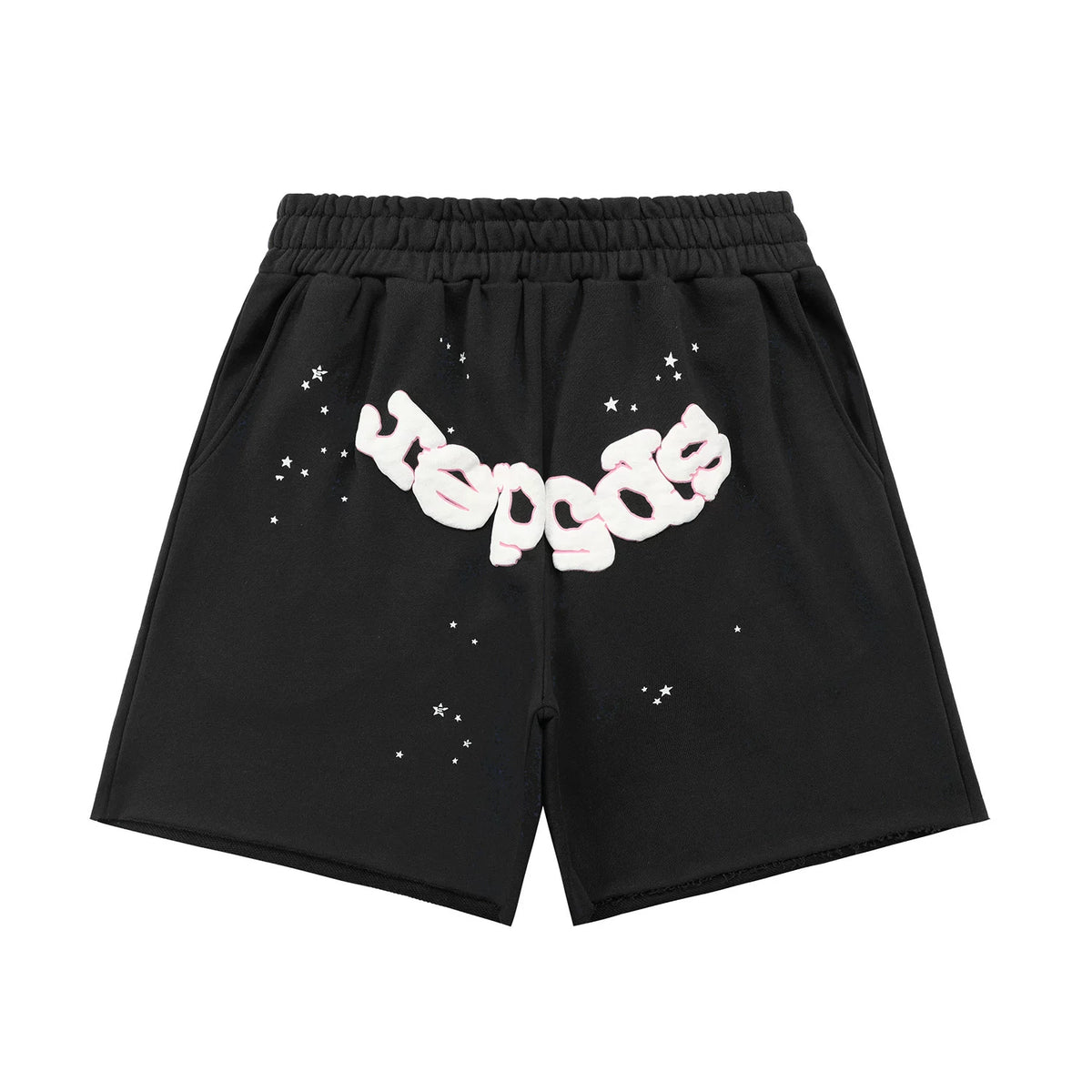 sp5der Rep Gods Star‑Accent Raw‑Edge Sweat Shorts Black
