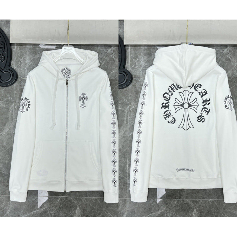 Chrome Hearts Cross Sleeve & Large Back Cross Zip-Up Hoodie (White)