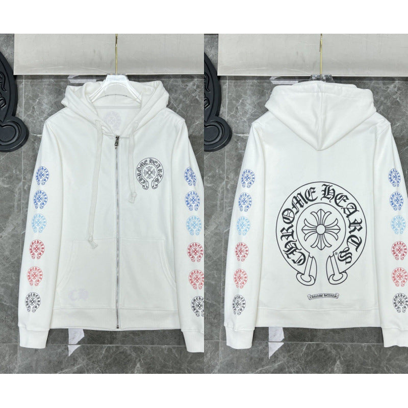 Chrome Hearts Gradient Cross Sleeve & Horseshoe Zip-Up Hoodie (White)