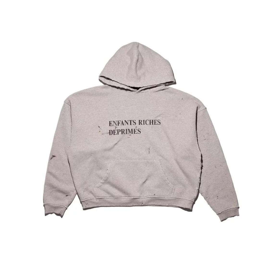 Enfants Riches Déprimés Distressed Text Logo Hoodie - Light Grey