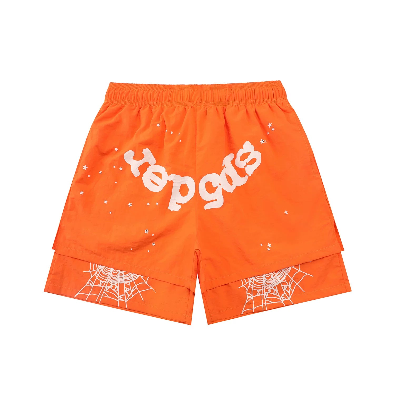 sp5der Rep Gods Star Spiderweb Double‑Layer Athletic Shorts Orange