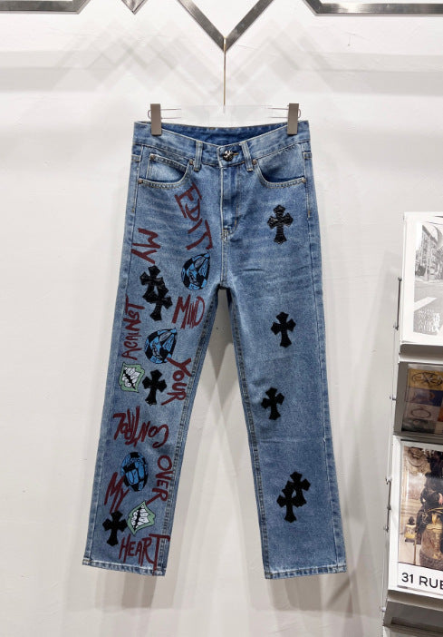 Chrome Hearts Blue & Typography Print Cross Patch Denim Jeans