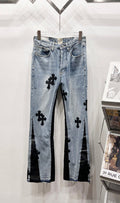 Chrome Hearts Light Blue & Black-Paneled Cross Patch Denim Jeans