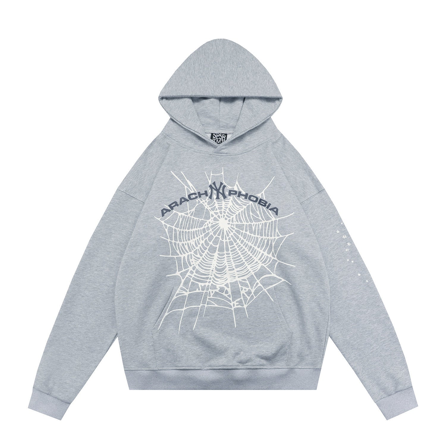 sp5der Arachophobia NY Logo Spiderweb Star‑Sleeve Pullover Hoodie Heather Grey