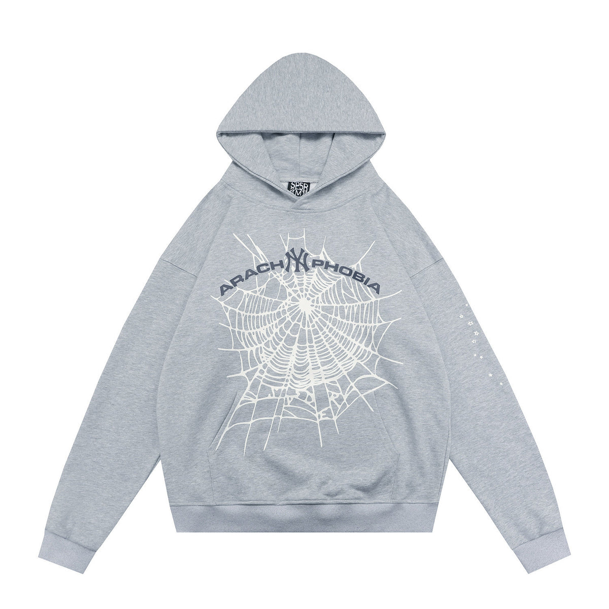 sp5der Arachophobia NY Logo Spiderweb Star‑Sleeve Pullover Hoodie Heather Grey
