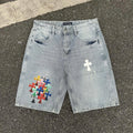 Chrome Hearts Light Blue & Multi-Color Cluster Cross Patch Denim Shorts