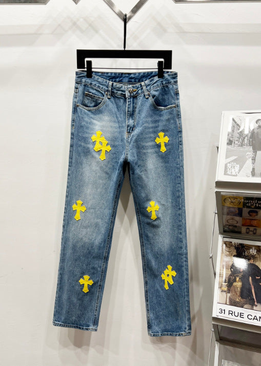 Chrome Hearts Classic Blue & Yellow Cross Patch Denim Jeans