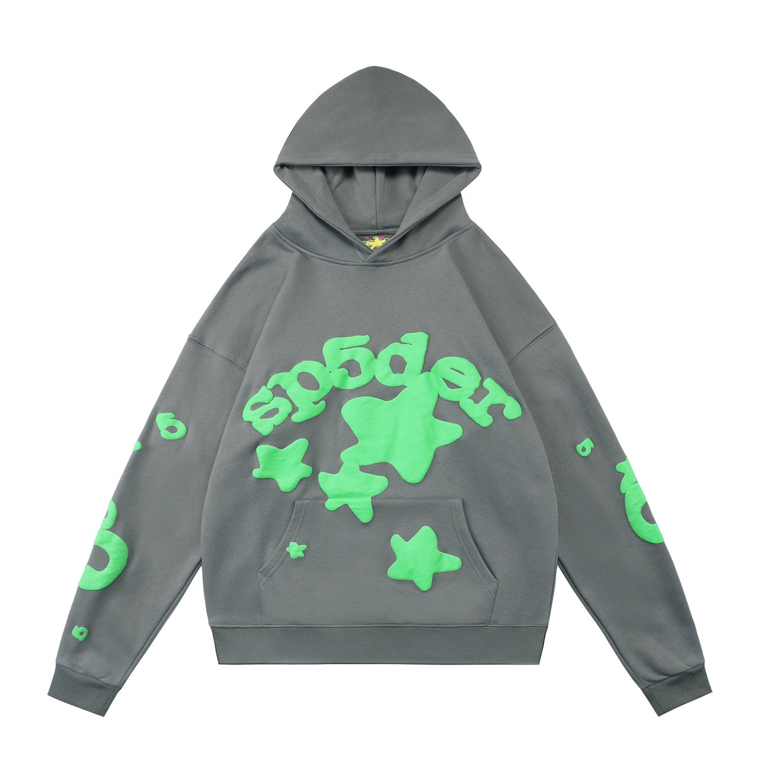 sp5der 3D Star Logo Pullover Hoodie Dark Grey Neon Green