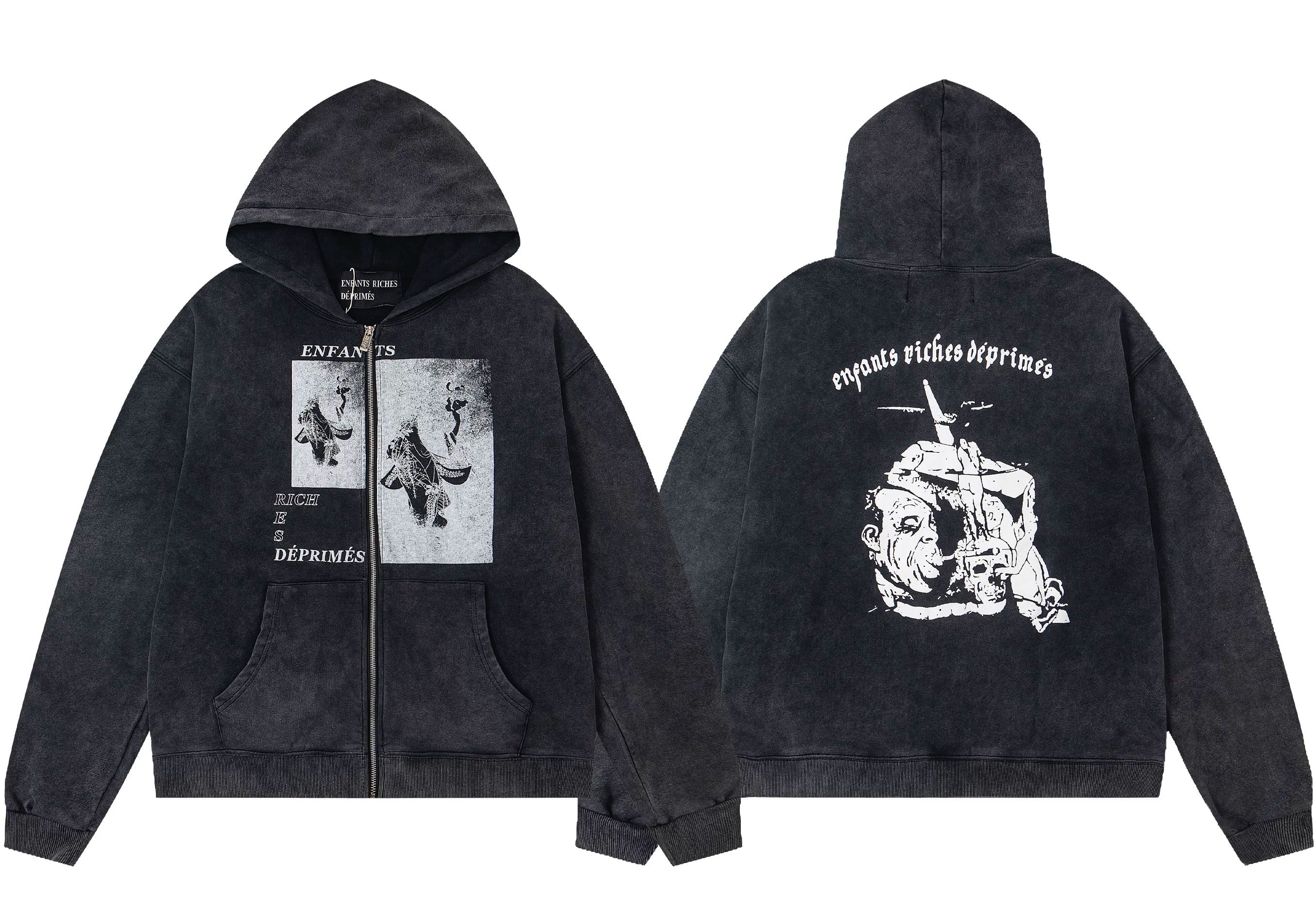 Enfants Riches Déprimés Photo Collage & Deconstructed Character Zip-Up Hoodie - Washed Black