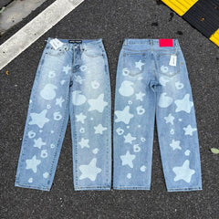 sp5der Faded White Star & Number‑6 Print Light‑Wash Baggy Jeans