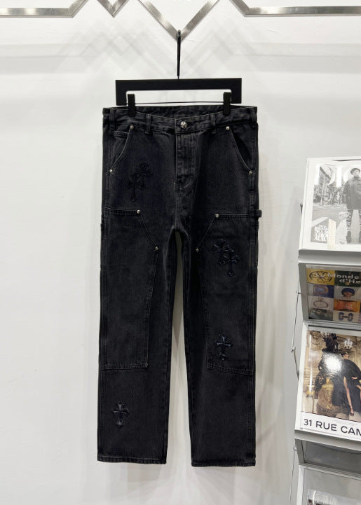 Chrome Hearts All-Black Heavy Distressed Cross Patch Denim Jeans