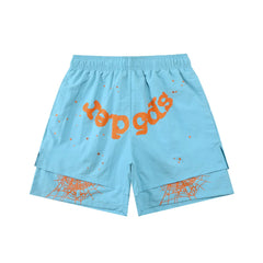 p5der Rep Gods Star Spiderweb Double‑Layer Athletic Shorts Sky Blue
